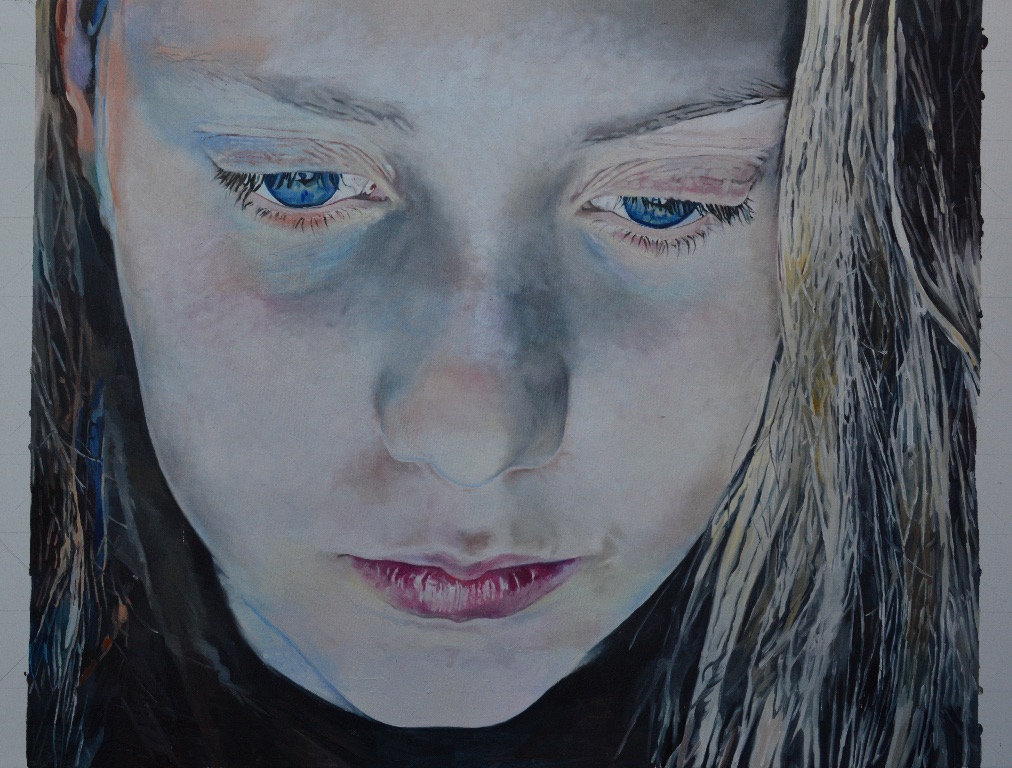 Painting by Harvey Taylor - girl looking down with blue light on her